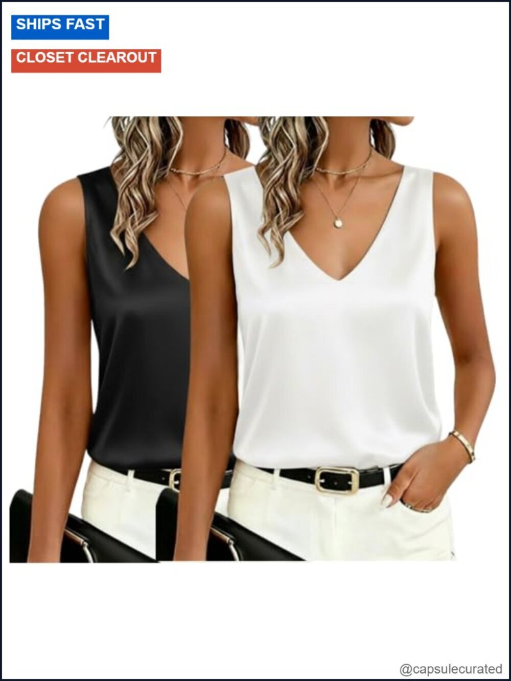 2 Pack Silk Satin Tank Tops V Neck Sleeveless Camisole Blouse